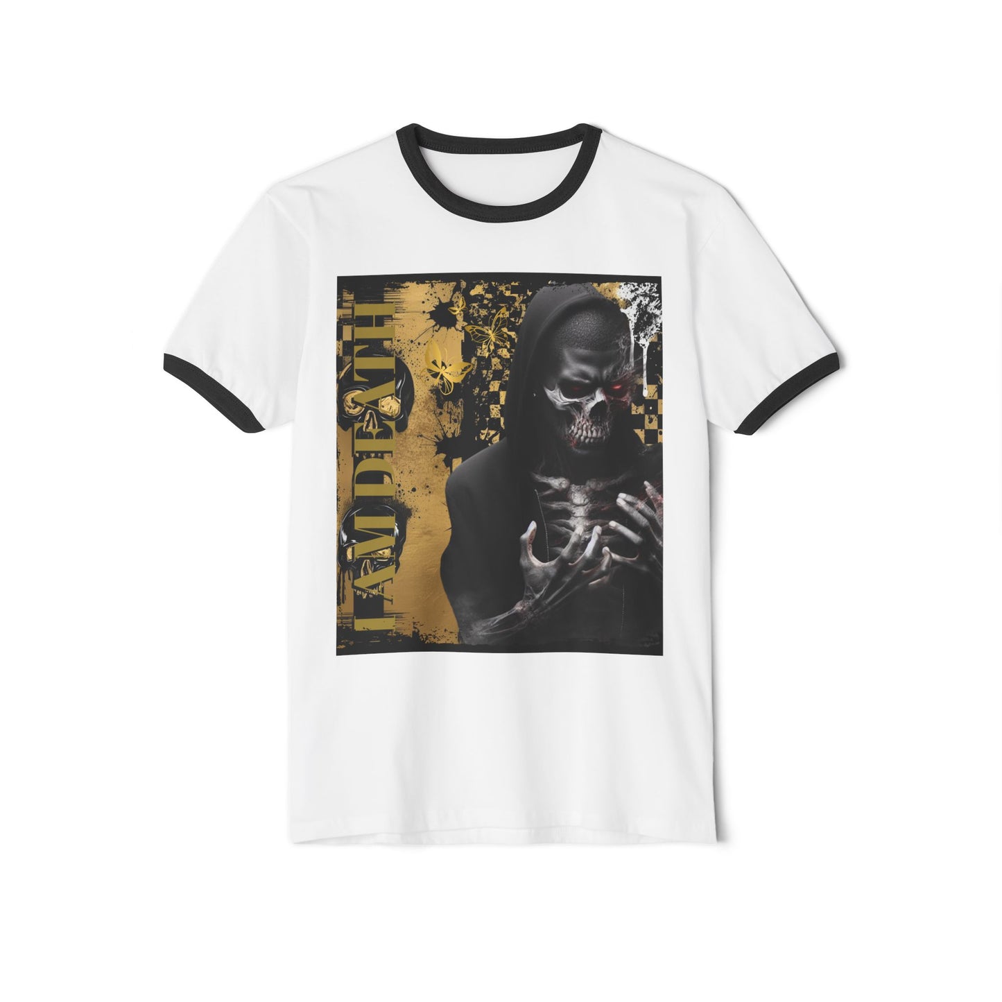 Unisex Cotton Ringer T-Shirt - Skeleton Graphic Tee with 'DE OPULENCE' Design