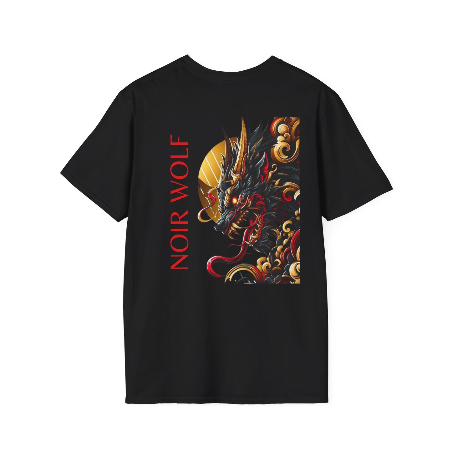 Edgy Graphic Tee: Noir Wolf Samurai & Dragon, Unisex Softstyle T-Shirt, Streetwear, Anime Fashion, Gift for Him/Her