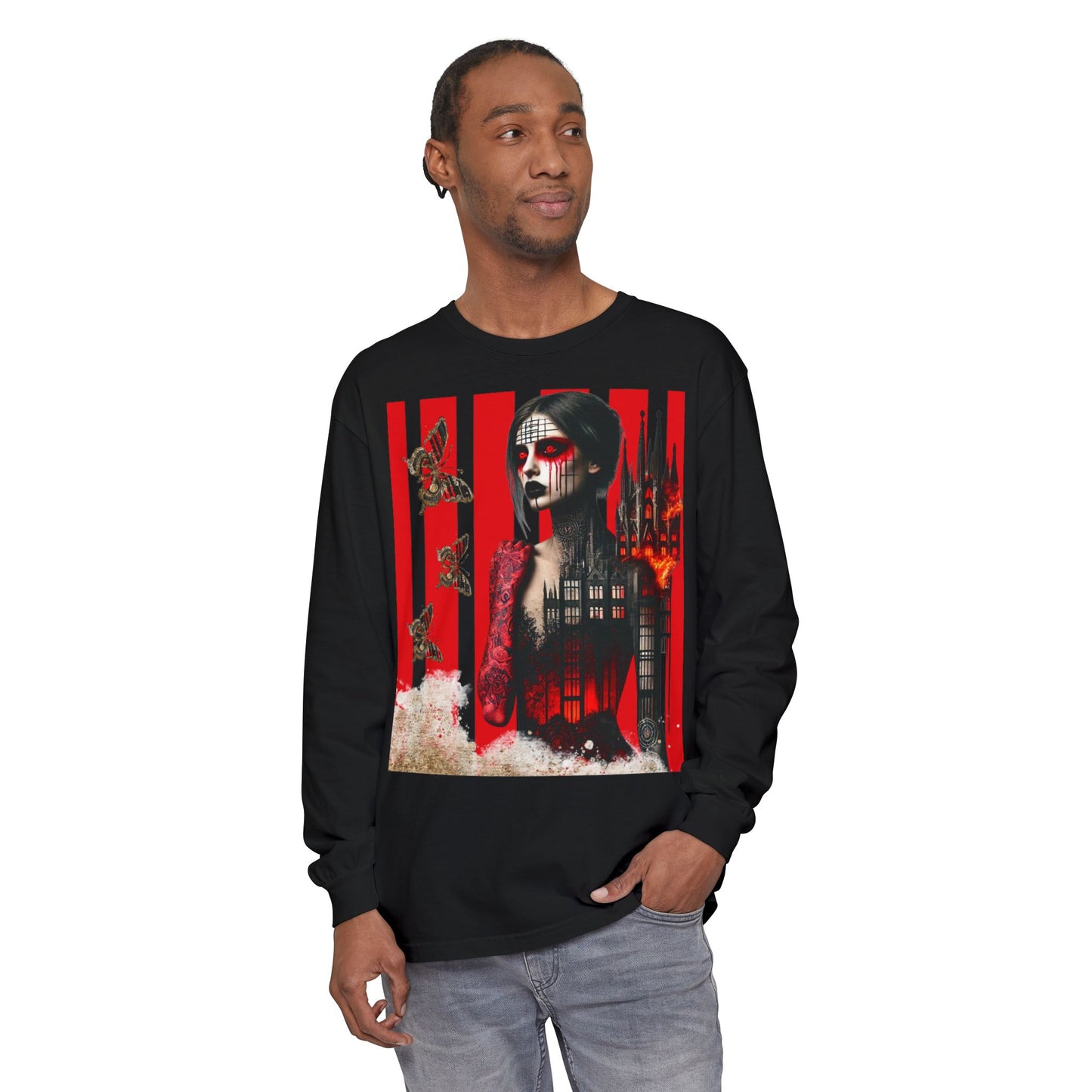 Unisex Garment-dyed Long Sleeve T-Shirt De Opulence by Noir Wolf