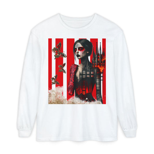 Unisex Garment-dyed Long Sleeve T-Shirt De Opulence by Noir Wolf