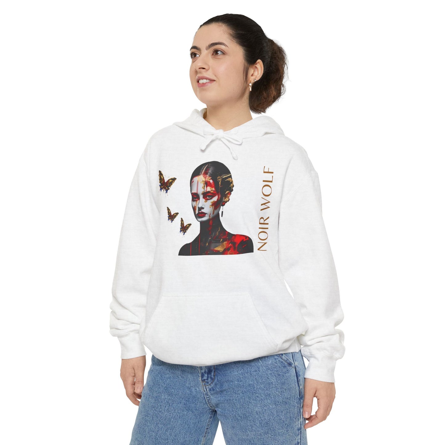 Garment-Dyed Hoodie with Butterfly & Skeleton Art - Unisex Casual Wear