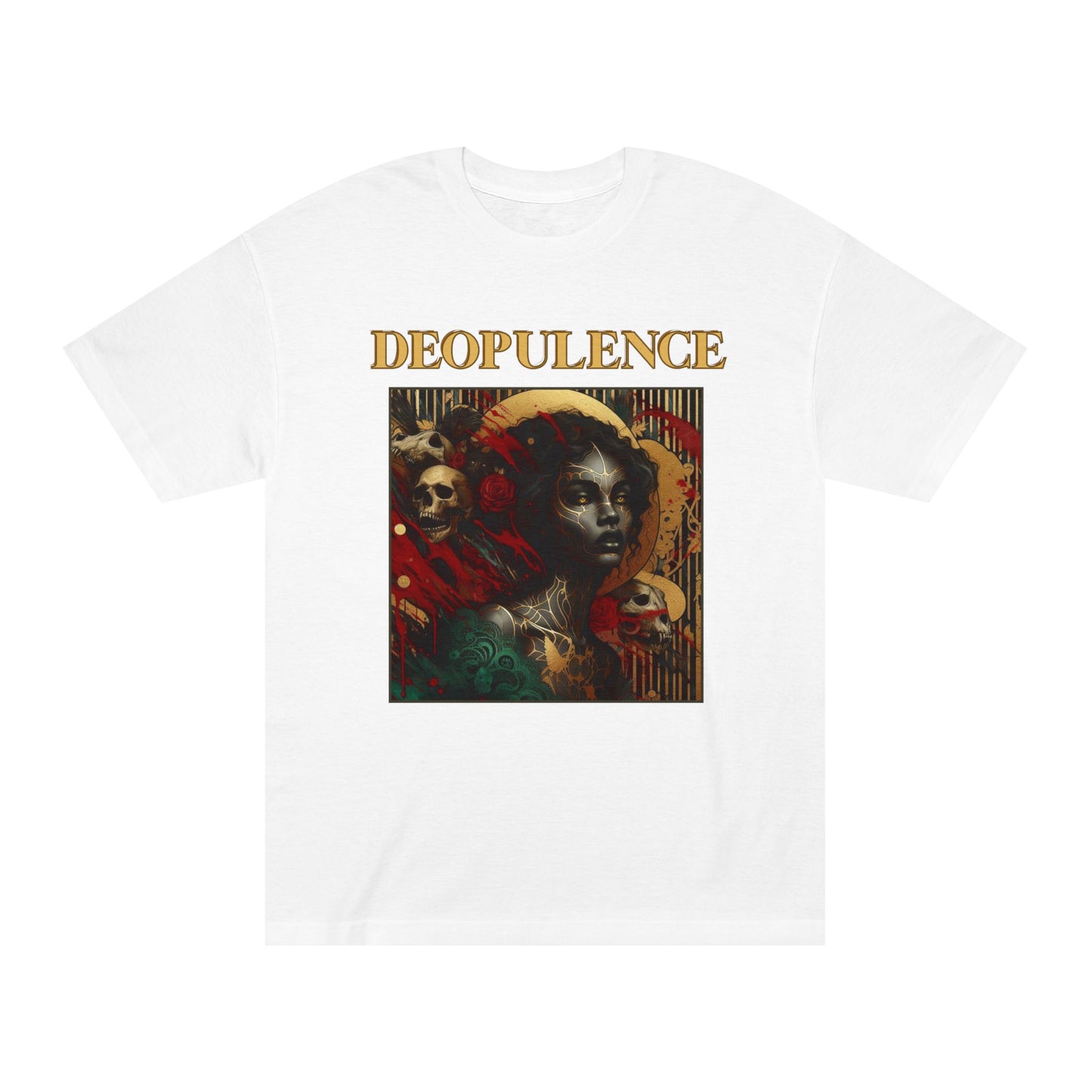 Artistic Noir Portrait Tee — "DEOPULENCE" Graphic Shirt with Gold Butterflies