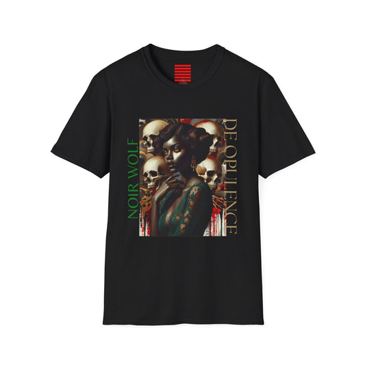 Unisex Softstyle T-Shirt - Noir Wolf Graphic Tee with Skulls and Dragon Wave Design