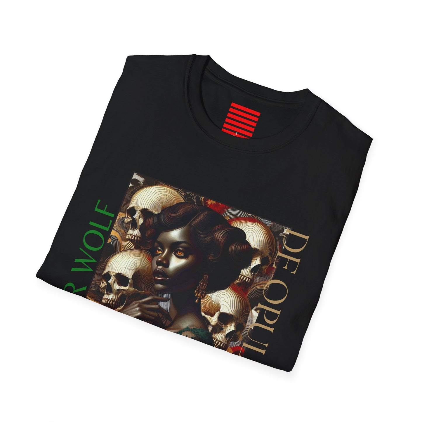 Unisex Softstyle T-Shirt - Noir Wolf Graphic Tee with Skulls and Dragon Wave Design