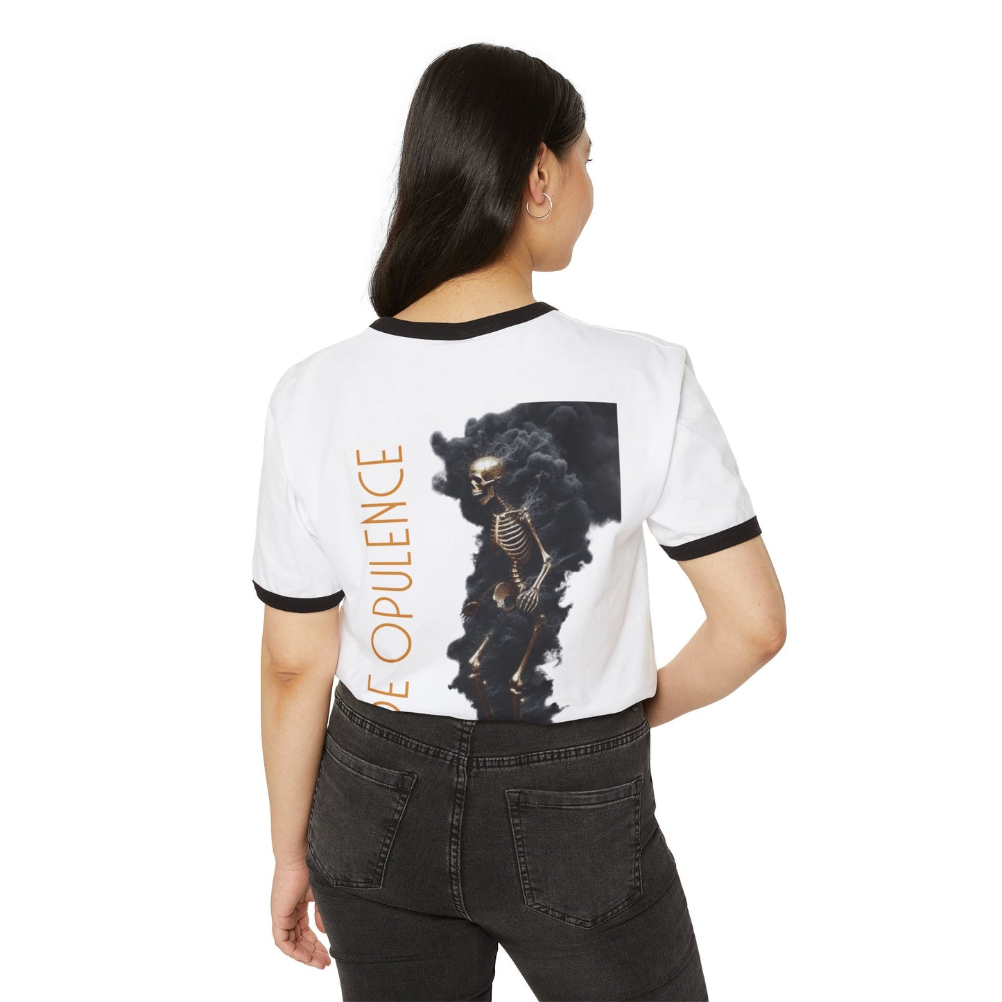 Unisex Cotton Ringer T-Shirt - Skeleton Graphic Tee with 'DE OPULENCE' Design