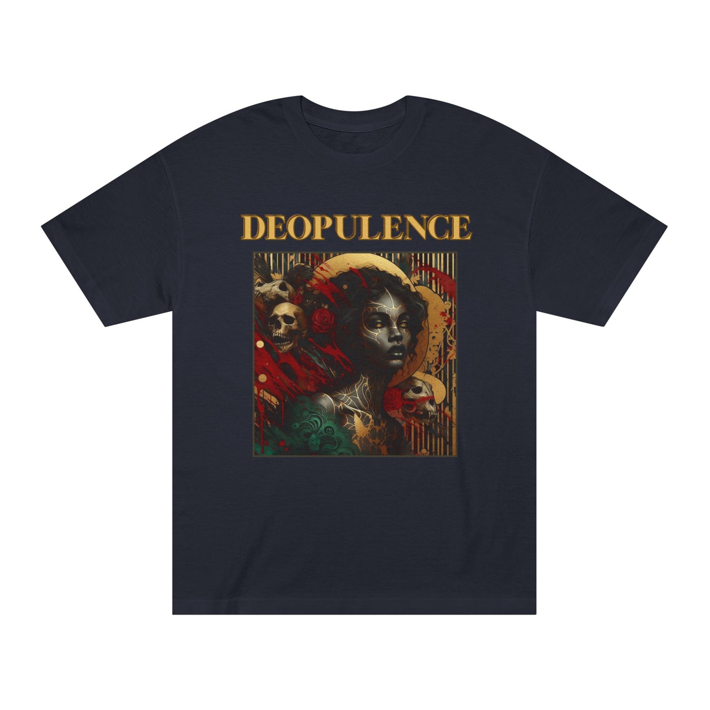 Artistic Noir Portrait Tee — "DEOPULENCE" Graphic Shirt with Gold Butterflies