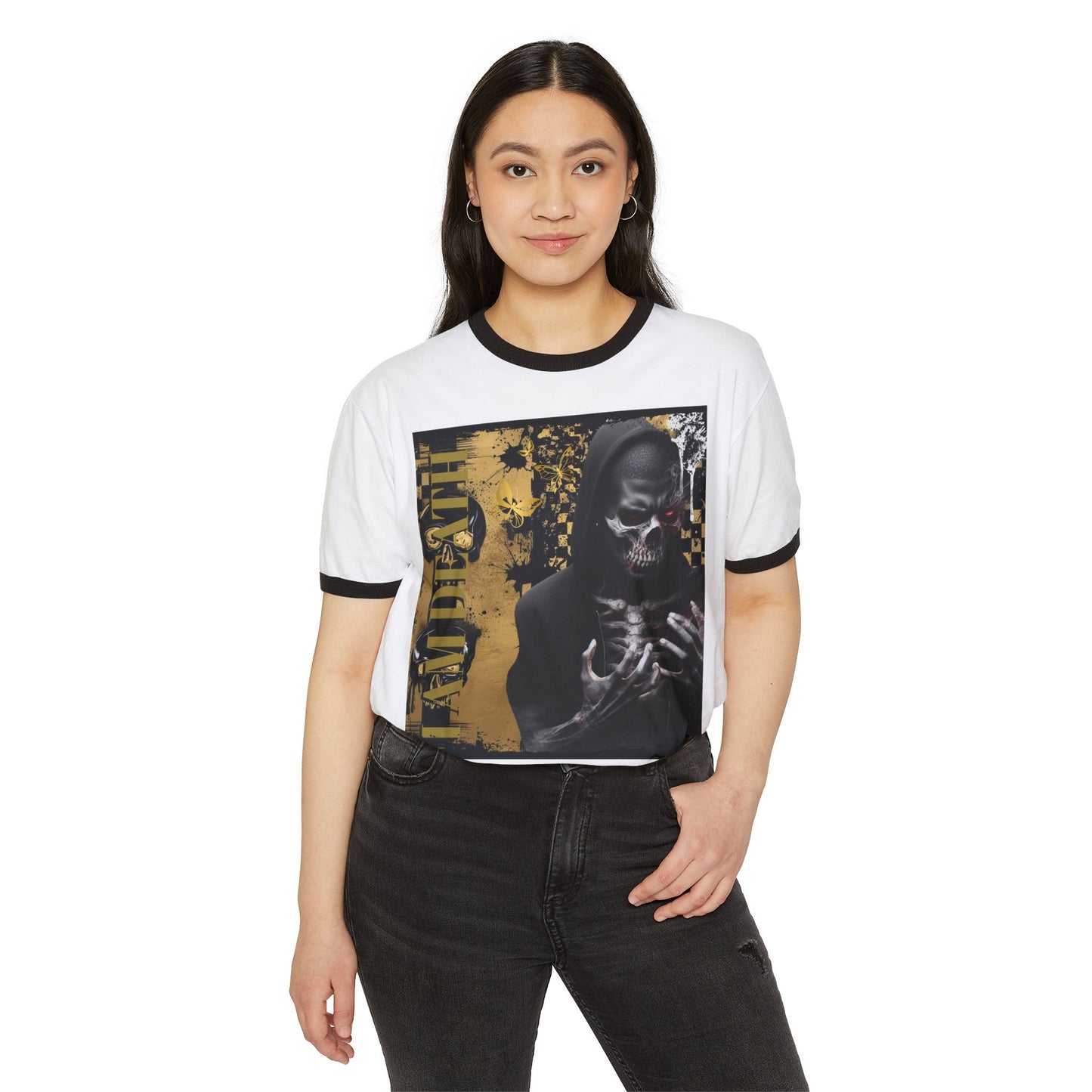 Unisex Cotton Ringer T-Shirt - Skeleton Graphic Tee with 'DE OPULENCE' Design