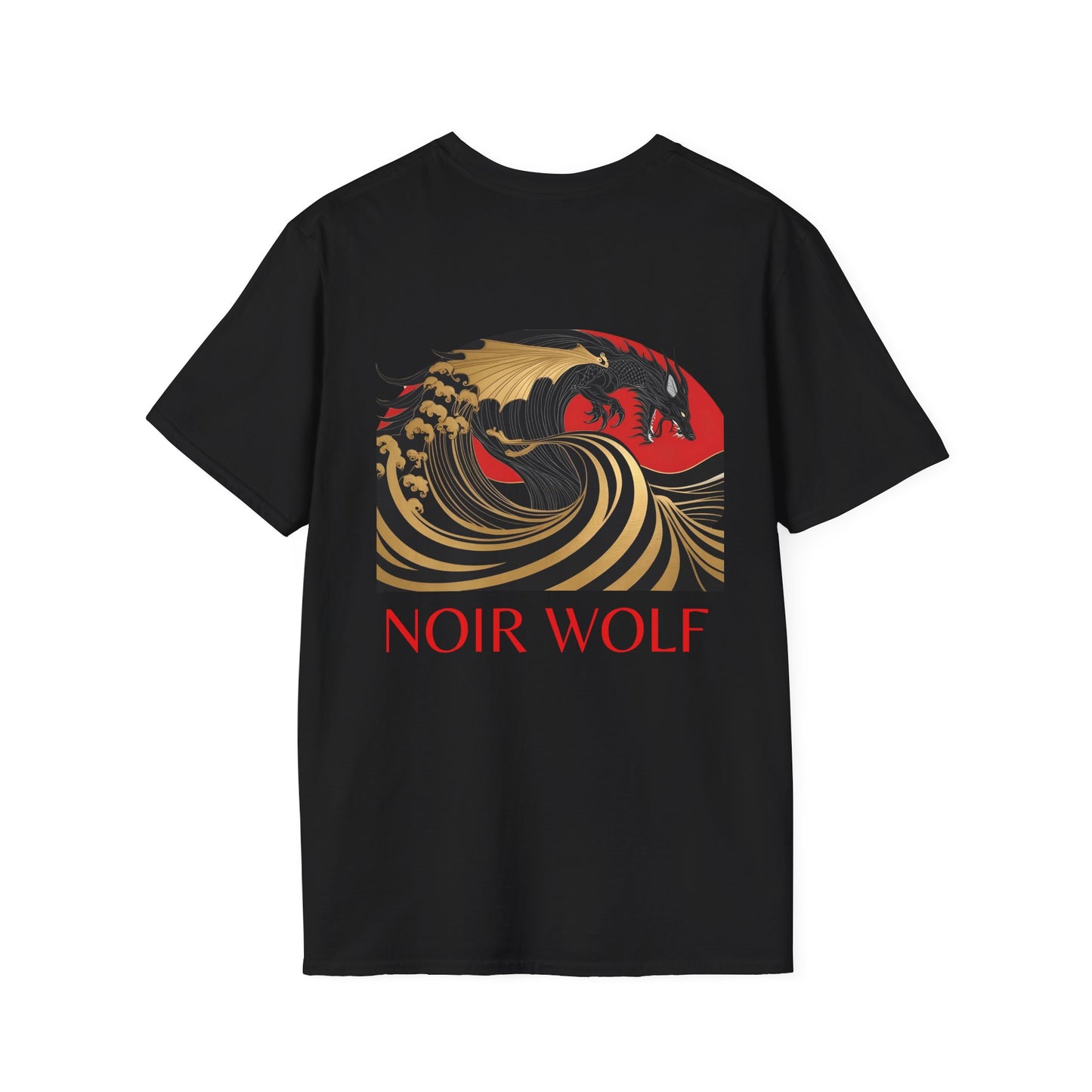 Unisex Softstyle T-Shirt - Noir Wolf Graphic Tee with Skulls and Dragon Wave Design